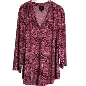 JM Collection Womens Knit Tunic Top XL Pink Burgundy Geometric 3/4 Sleeve